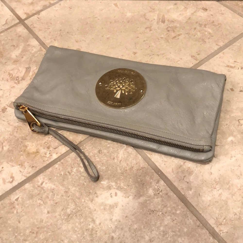 Vintage Mulberry leather fold over logo embossed zip up rectangular clutch bag